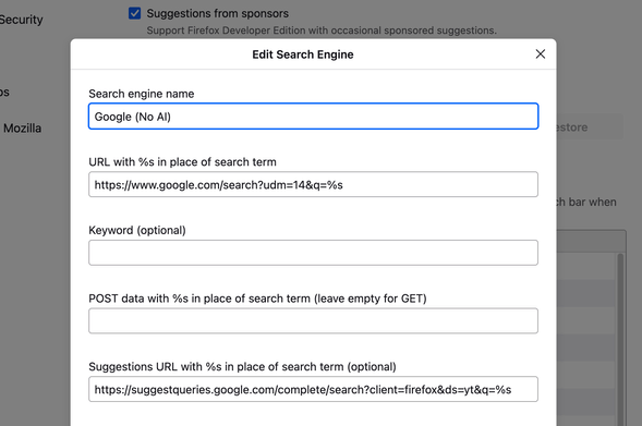 Edit Search Engine panel in Firefox settings. There are fields for search engine name, URL with search term, keyword, POST data, and suggestions URL.