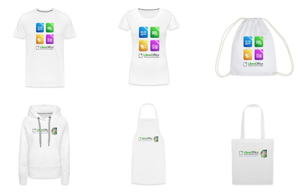 Image of T-shirts, hoodies, bags etc. with LibreOffice icons