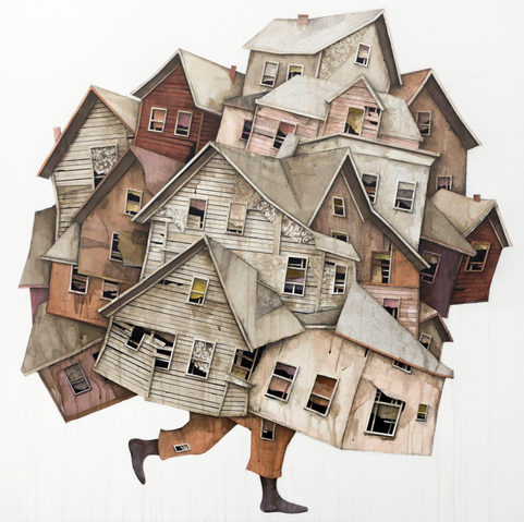 a watercolor drawing of a jumble of houses with two legs