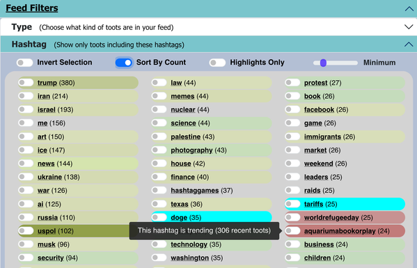 screenshot of fedialgo hashtag filters