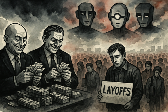 This is a dark, editorial-style illustration depicting corporate executives celebrating financial gains while workers face layoffs. In the foreground, two smiling men in business suits count stacks of money at a table. Behind them loom three shadowy, robotic figures representing AI or automation. In the background, a crowd of concerned-looking workers stands beneath a stormy sky, with one person in the foreground holding a sign that reads "LAYOFFS." The artwork uses muted colors - grays, browns, and sepia tones - to create a somber, dystopian atmosphere that critiques the human cost of corporate profit and technological transformation.

The composition visually represents the tension between executive financial success and workforce displacement, with the AI figures serving as an ominous presence overseeing the scene. The contrast between the celebratory executives and the worried workers effectively illustrates the complex dynamics of modern business transformation and its impact on employment.