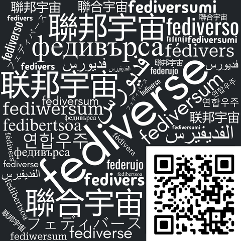 A word cloud of translations of the word fediverse into multiple languages, with very dark purple background and white text. There is a QR code in the bottom right corner.

