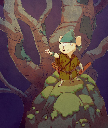 Illustration of a mouse magician standing on a mossy rock, holding runic tablets, doing a gesture like summoning.