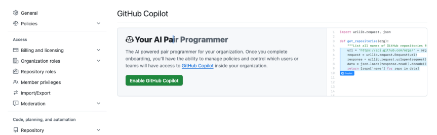 A screenshot of a Github organization which clearly states that Copilot is disabled.