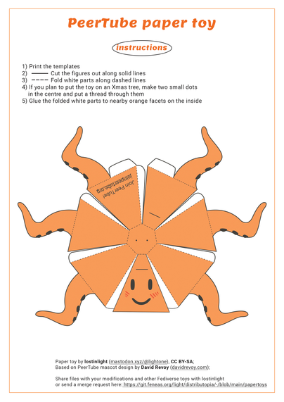 The first cutout sheet in building a paper Peer Tube octopus.