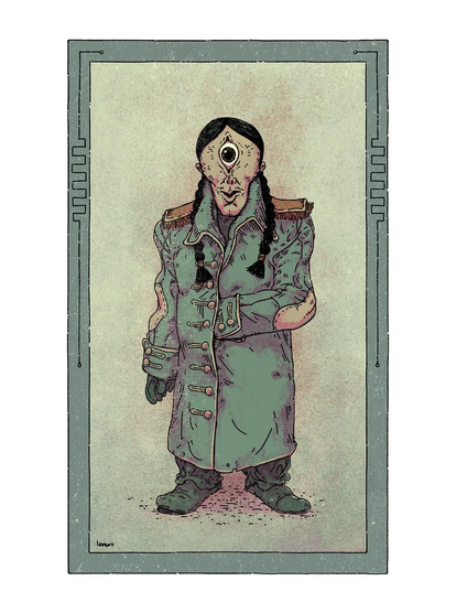 Illustration of a cyclops wearing a napoleonic uniform.
