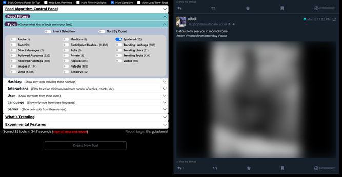 screenshot of fedialgo showing an image post from the mastobate.social server has been blurred out
