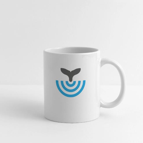 A coffee mug with the Funkwhale logo on it.