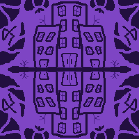 here is octo's description of her art titled "3 of cities":
a 4 color drawing in different hues of purple of three buildings in the middle of it, huddled together, mirrored horizontally. there is a pair of weeds growing by the corner of the buildings.

the border has some solid shapes that remind of a cactus, horns, a sphere.

there might be part of the jerdehl, not at all hidden in it.