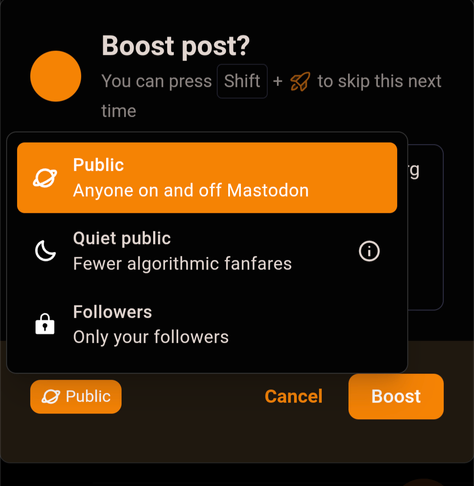 Mastodon web UI（ちなみにカスタム CSS として tangerine UI が当たっている）で投稿をブーストするときに出る UI のキャプチャー。