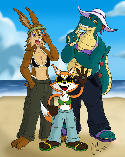 Un dibujo de Ashley Harechild (liebre marrón antropomorfa), Miss Lizz (lagarta humanoide verde) y Chiki Vulpin (zorrita de dibujos animados de los años 1930) posando en la playa. Llevan distintas variantes de pantalones anchos y bikinis; además, Ash lleva una visera, Lizz una pamela y Chiki unas gafas de sol redondas.

Drawing of Ashley Harechild (brown, anthro hare), Miss Lizz (green, humanoid lizard) and Chiki Vulpin (1930s cartoon fox lady) posing at the beach. They're wearing different variants of the same bikini and big pants outfit; also, Ash is wearing a visor, Lizz a pamela hat and Chiki some round sunglasses.
