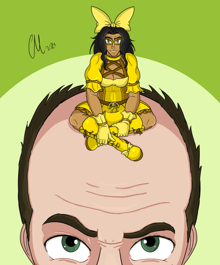Un dibujo de Maggie Cid, en su traje de Diminutriz (un gran lazo sobre su cabeza, una máscara cubriendo sus ojos, y un traje con miniflada y botas altas, todo en amarillo-dorado), sentada con las piernas cruzadas sobre la cabeza de su alopécico creador, quien la mira entre curioso y molesto.

A drawing of Maggie Cid, in her Diminatrix outfit (big bow on her head, a mask over her eyes, a dress with miniskirt and high boots, all in golden-yellow), sitting with her legs crossed on the head of her balding creator, who's looking at her with a mix of curiosity and annoyance.