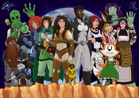 Dibujo a todo color basado en una ilustración de "Marvel vs Capcom: Clash of Super Heroes". En vez de los personajes de Marvel y Capcom, muestra los míos. De izquierda a derecha: Ewnyl (maestra de batalla enana), Xaladar (cirujano kraken), Monty (dron Pantheon modificado), Tete (pícaro urkin), Clara (luchadora semigiganta), Fëadraug (elfo druida y montaraz), Sekhmet (Reploide de Neo Arcadia), Maggie (dominatrix tamaño mini), Sean (superhéroe semigigante) y Kyria (el hada en el hombro de Sean), Dana (hechicera), Chiki (zorrita de dibujos animados), Ashley (mague y liebre antropomorfa), Lena (doncella elfa) y Ellie (la diminuta en la mano de Lena), y Ariq (e-girl y ogresa).

Colored drawing based on an illustration from "Marvel vs Capcom: Clash of Super Heroes". Instead of the Marvel and Capcom characters, it shows my characters. From left to right: Ewnyl (dwarf battlemaster), Xaladar (kraken surgeon), Monty (modified Pantheon drone), Tete (urkin rogue), Clara (half-giant wrestler), Fëadraug (elf ranger-druid), Sekhmet (Neo Arcadian Reploid), Maggie (shrunken dom), Sean (half-giant superhero) & Kyria (fairy on Sean's shoulder), Dana (sorceress), Chiki (cartoon fox lady), Ashley (anthro hare magician), Lena (elf maid) & Ellie (borrower on Lena's hand), and Ariq (e-ogress).