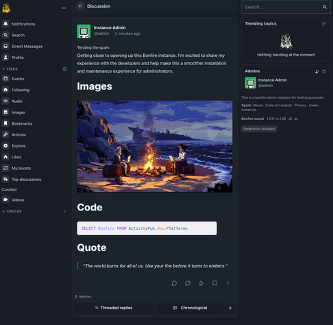 A screenshot of a discussion interface, featuring a user profile on the left side. The main content displays an image of a scenic landscape with two figures sitting by a fire. Below the image, there is a section labeled "Code" with a SQL command and a quote about using fire for transformation. The interface includes navigation elements and a trending topics section.