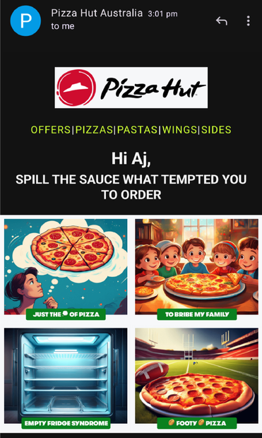 Pizza Hut email. The closer you look tge worse it gets.