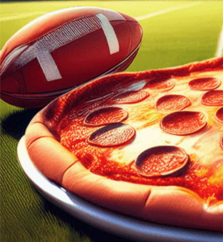Odd markings on an American football, tge football and the pepperoni on the pizza appear to have the same texture, and that grass?