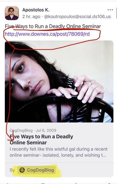 A mastodon post that includes a url that links to Cogdogblog.com with arrow to the credit at the bottom as By CogDogBlog an account link