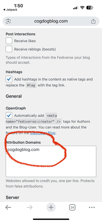 Plugin settings showing field for Attribution Domains and entered in field is Cogdogblog.com