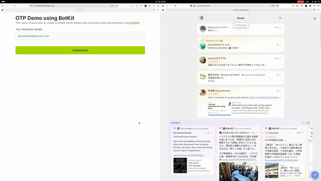 Screen recording showing BotKit's emoji OTP authentication demo. Left side displays a web form where a fediverse handle is entered, followed by a page showing 7 emoji symbols. Right side shows the Phanpy (a Mastodon client) receiving a direct message with a poll containing various emoji options. The user votes for the matching emojis in the poll, then returns to the web page which displays “Authenticated” confirming successful login.