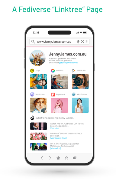 Mockup of a Phone screen for a made up celebrity Jenny James showing a collection of Fediverse Apps with latest new stories below. 