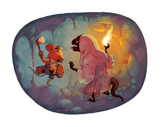 Illustration of a warrior mouse attacking with an axe to a wizard salamander that is about to trhrow a fireball, in a cavern.
