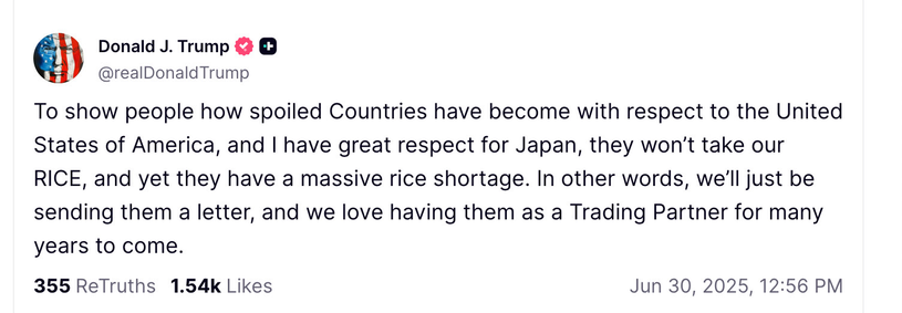 Donald Trump truthing that Japan won't buy US rice