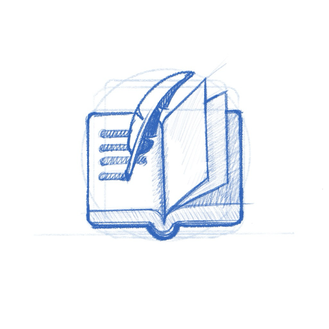 Scriptorium app icon sketch. A feather on a book.
