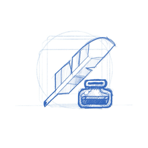 Scriptorium app icon sketch. A feather and an ink bottle.