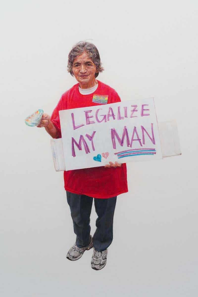 Drawing against a white background of a woman with grey hair holding a white sign that reads "LEGALIZE MY MAN." 