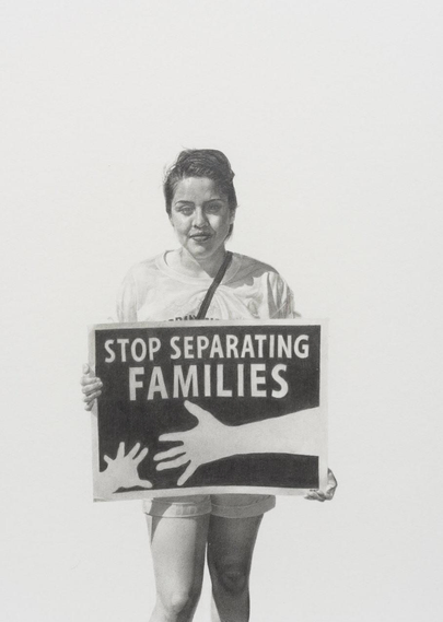 Grayscale drawing against a white background of a young woman holding a yellow sign that reads "STOP SEPARATING FAMILIES".