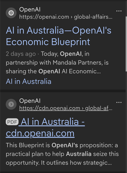 Screenshot showing search screen with two listings for the OpenAI report