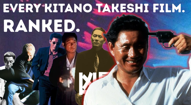 Kitano Takeshi banner - depiction of him from several of his films
