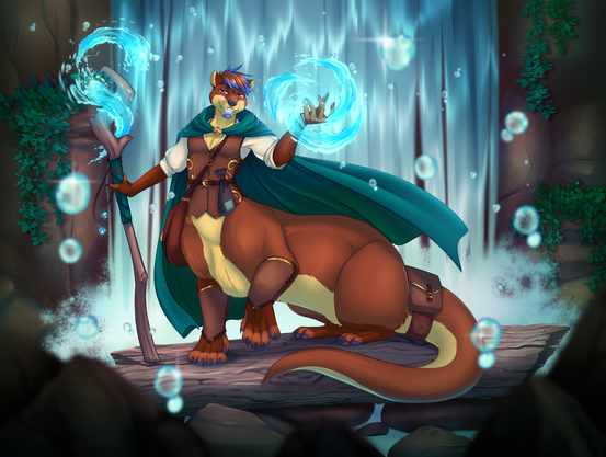 A taur form anthropomorphic otter in front of a waterfall wearing a leather vest and foreleg bracers, trimmed with gold swirls. A white undershirt with rolled sleeves comes out from under the vest, and a green cloak with a triskelion pendant billows out from behind them.

They hold a wooden staff in their right hand as water swirls around their left and they cast some sort of water spell.

Their smirk begets a cool confidence as they look toward the viewer.