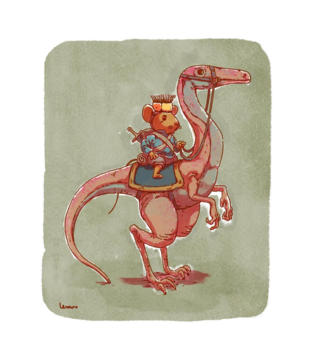 Illustration of a warrior mouse mounting a dinosaur.