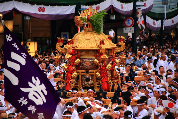 The gods of Gion are transported by divine palanquin into the heart of the city for Gion Matsuri's parades (which mark the start and finish of the gods' holiday).

Photo thanks - kyotomoyou.jp and https://kyoto-tabiya.com