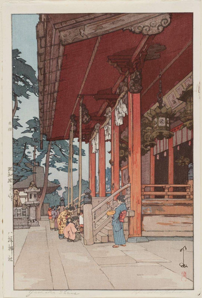 Woodblock print of Yasaka-jinja's main hall.

Image thanks - https://ukiyo-e.org
