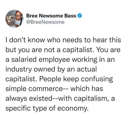 I don't know who needs to hear this but you are not a capitalist. You are a salaried employee working in an industry owned by an actual capitalist. People keep confusing simple commerce -- which has always existed -- with capitalism, a specific type of economy.