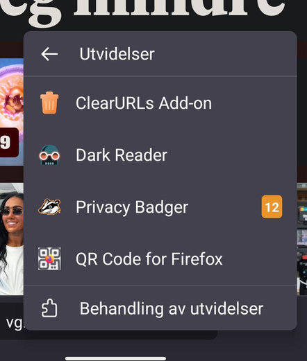 ClearURLs
Dark Reader
Privacy Badger
QR Code for Firefox 