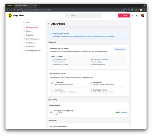 Loops Account Data Export settings
