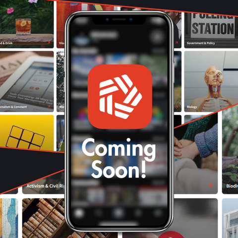 A blurred phone with a Newsmast app icon. Beneath it says "Coming soon!" In the background ribbons can be seen made up of images from Newsmast Communities. 