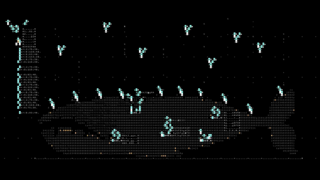 An ascii art whale slowly pulsing with light is slowly devoured by strange shapes that are controlling the audio.