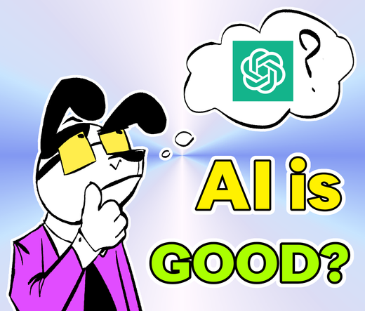Mem, a black and white dog fursona in yellow glasses, purple shirt and black necktie is thinking about chat GPT. The text says "AI is good?"