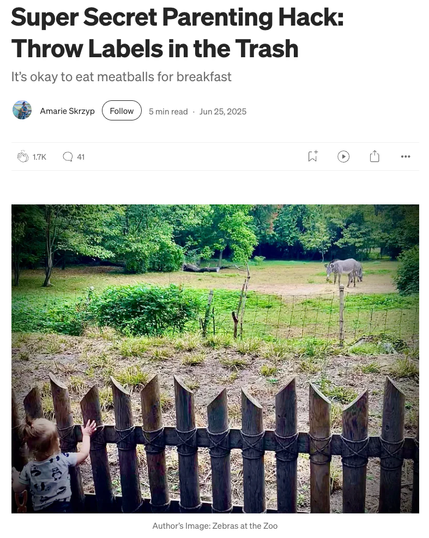 Screenshot of a story by  Amarie Skrzyp with title “Super Secret Parenting Hack: Throw Labels in the Trash” and a photo of a toddler peeking through a fence at a zebra grazing in the distance 
