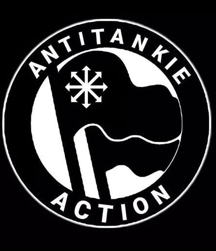 Protesters engage in an antifa action against antitankie ideology, holding banners and chanting slogans. 