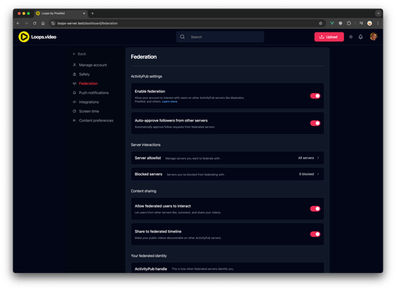 Loops Federation Settings (dark mode)