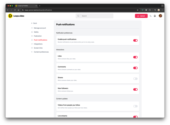 Loops Push notifications Settings (light mode)