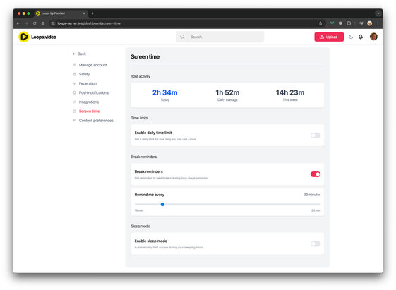 Loops Screen time Settings (light mode)
