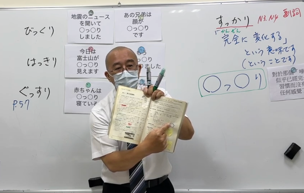 日本語教室内の写真です。教師(犬山)が教科書を手に、説明している様子です。(教師は坊主頭、白の半袖シャツに、ネクタイ、眼鏡)
後ろのホワイトボードには、カードが数枚貼ってあります。
-地震のニュースを聞いて、○っ○りしました
-今日は富士山が○っ○り見えます
-赤ちゃんは○っ○り眠っている
-あの兄弟は顔が○っ○りです　などの文面がカードに書いてあります。
ホワイトボード右側には、「すっかり　「完全に変化する」という意味です」と書いてあります。

