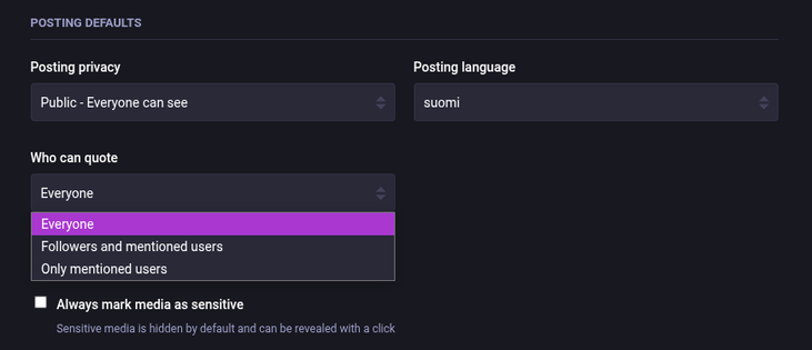 Settings for new Posting defaults, "Who can quote: Everyone, Followers and mentioned users, Only mentioned users"