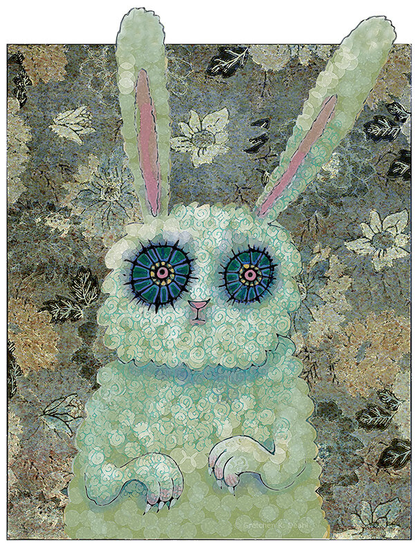 Textured colors of spotted, mottled white, purple, gold and green. An ink drawing of a rabbit-like creature stares with distress and wonder outward. It has a  small nose and mouth.  Its clawed arms hang protectively in front of it.